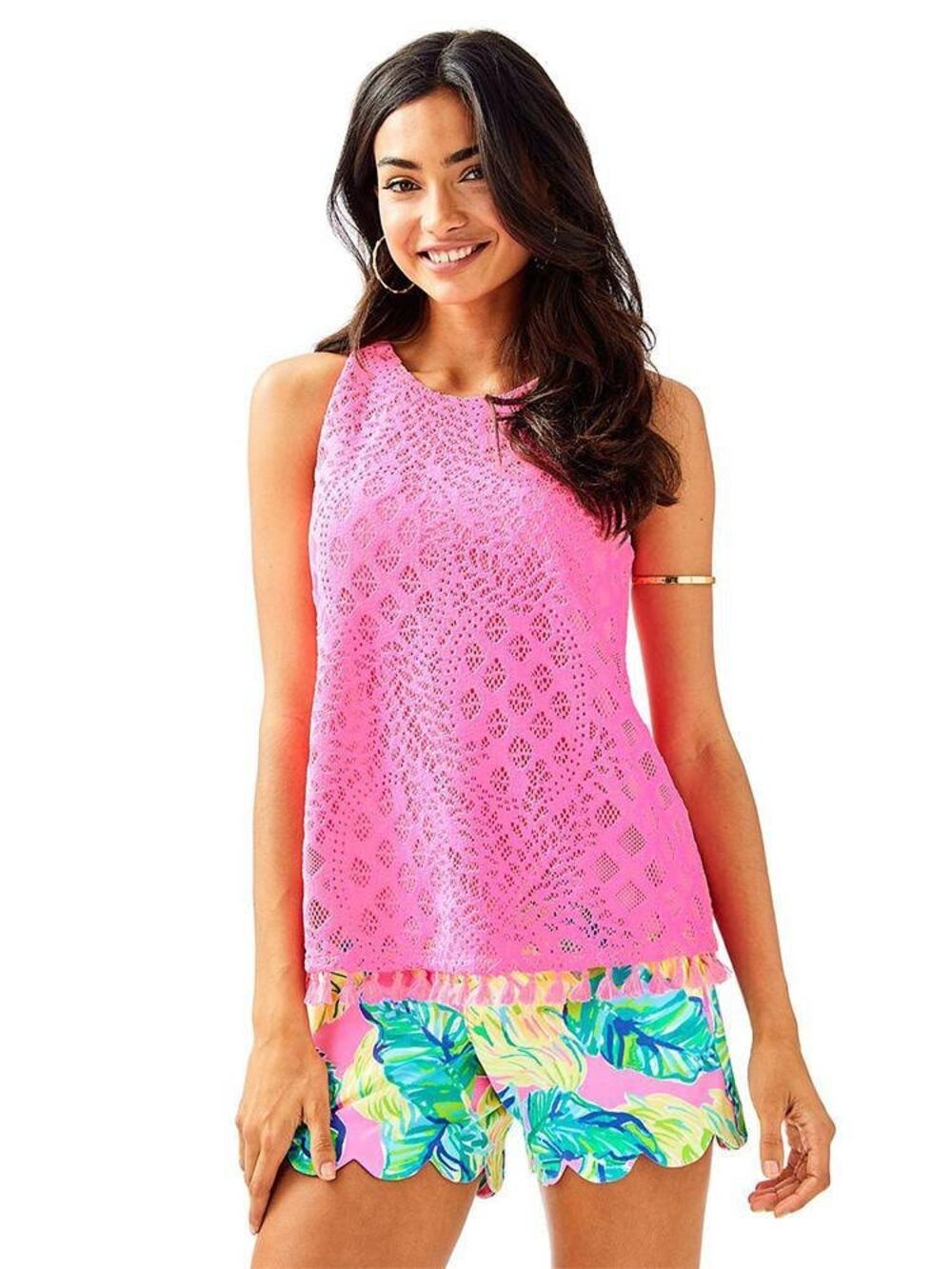 Lilly Pulitzer Lynn Hot Pink Top Large Fringe Resort Beach Preppy